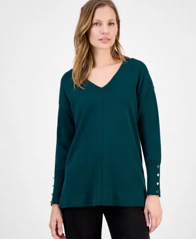 Ak Anne Klein Women's Button-cuff V-neck Top In Green