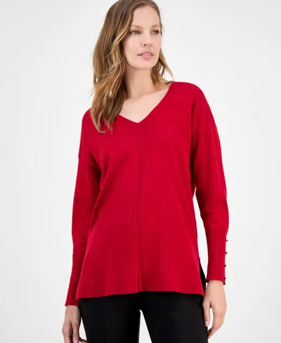 Ak Anne Klein Women's Button-cuff V-neck Top In Red