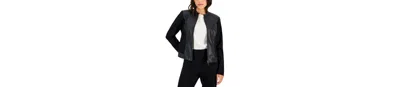 Ak Anne Klein Women's Compression Mixed Media Zip Up Jacket In Black