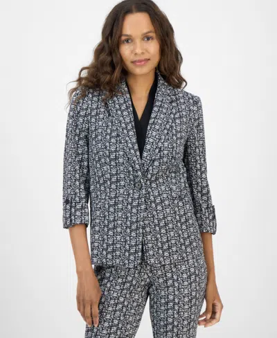 Ak Anne Klein Women's Printed Cool Crepe One-button Jacket In Gray