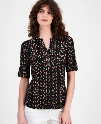 Ak Anne Klein Women's Printed Roll-tab Top