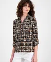 Ak Anne Klein Abstract Print Johnny Collar Half Placket Shirt In Brown