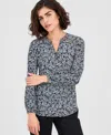Ak Anne Klein Women's Printed Split-neck Long-sleeve Top In Gray