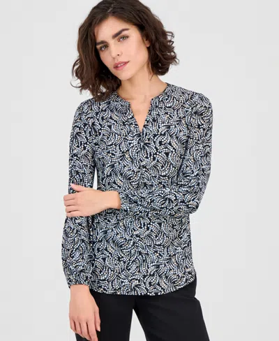 Ak Anne Klein Women's Printed Split-neck Long-sleeve Top In Gray