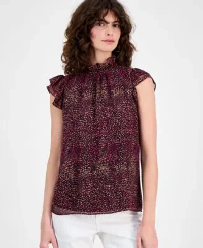 Ak Anne Klein Womens Printed Flutter Sleeve Top P Xxs Xl In Burgundy