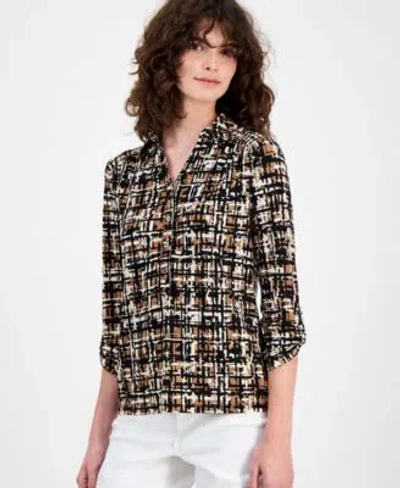 Ak Anne Klein Womens Printed Ruched Tab Shirt P Xxs Xl In Multi