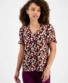 Ak Anne Klein Womens Printed Ruffle Sleeve Button Front Top P Xxs Xl In Brown
