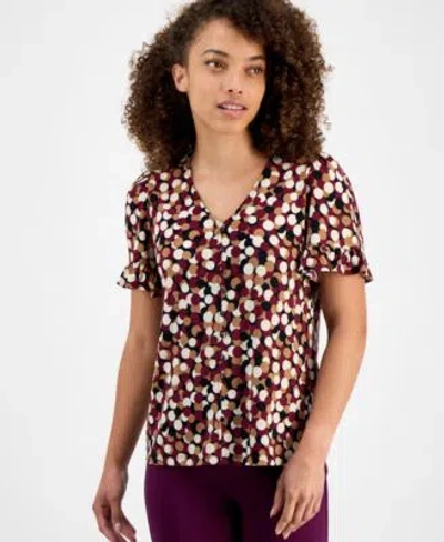 Ak Anne Klein Womens Printed Ruffle Sleeve Button Front Top P Xxs Xl In Brown