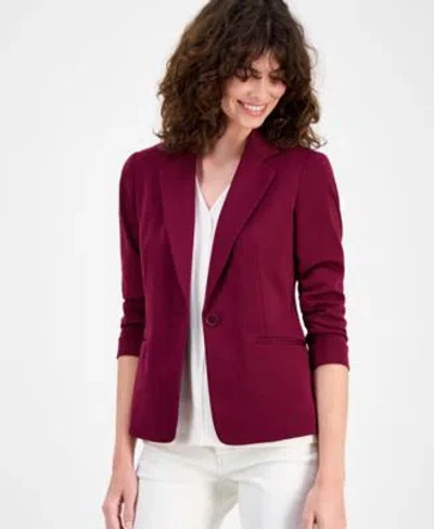 Ak Anne Klein Womens Ruched Sleeve One Button Jacket P Xxs Xl In Burgundy