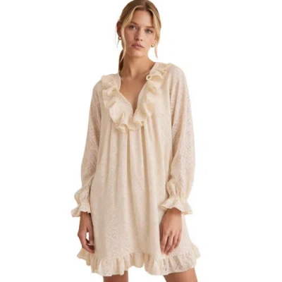 Akalia Amber Puff Sleeve Flare Dress In Beige
