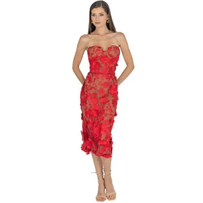 Akalia Anni Floral Embroidered Strapless Midi Dress In Red