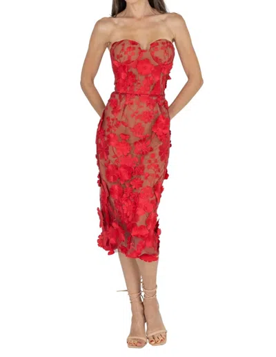 Akalia Anni Floral Embroidered Strapless Midi Dress In Red