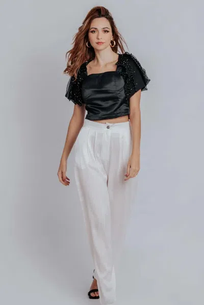 Akalia Fiona Ruffle Puff Pleated Sleeves Top In Black