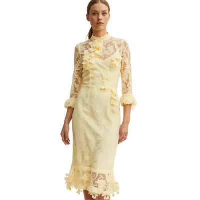 Akalia Lipsy Long Sleeves Lace Midi Dress In Light Yellow