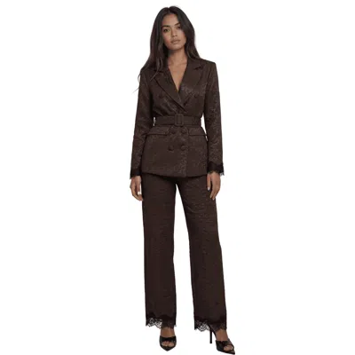 Akalia The Maison Jacquard Lace-trim Trousers In Brown