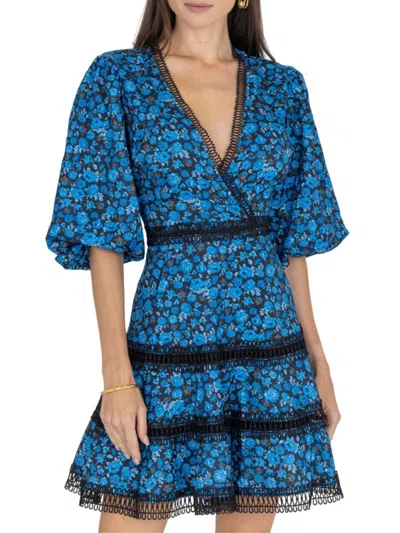Akalia Elegant Antia Floral Dress With Embroidered Details And Lace Trim In Medium Blue