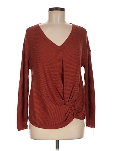 Pre-owned Akemi + Kin Long Sleeve Top Burgundy Plunge Neckline Tops
