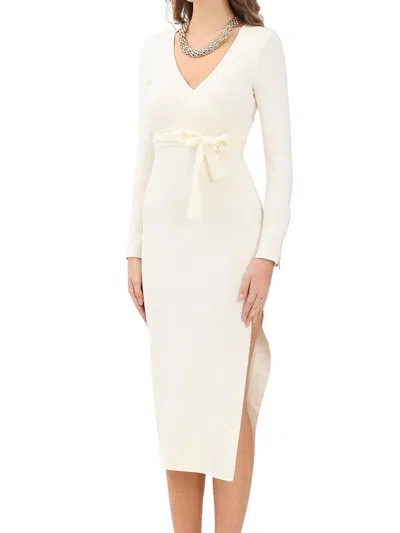 Akep Beige Knit Midi Dress With Fitted Silhouette And Side Slit In White