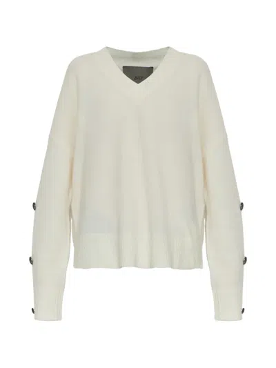 Akep Button-sleeve V-neck Sweater In White