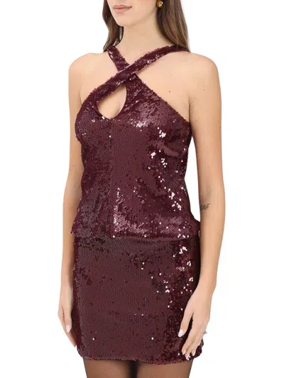 Akep Crimson Sequin Top With Crisscross Halter Neckline In Burgundy