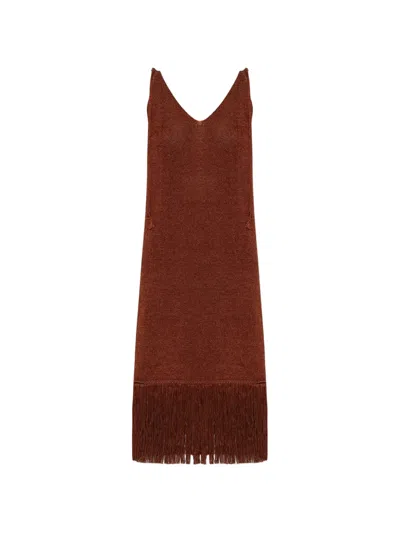 Akep Fringe-trimmed V-neck Dress In Brown