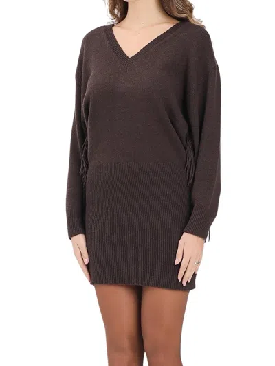 Akep Knit Mini Dress With Deep V-neck And Fringe Detailing In Burgundy