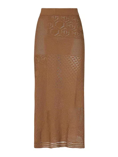 Akep Long Skirt In Lace Stitch Knit In Brown