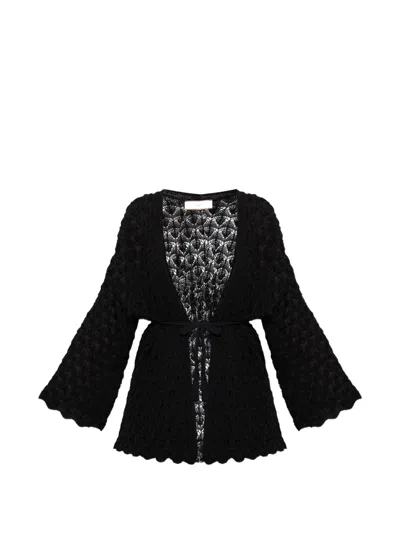 Akep Open-knit Tie-waist Cardigan In Black