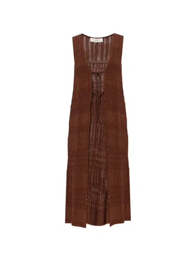 Akep Open-knit V-neck Sleeveless Long Vest In Brown