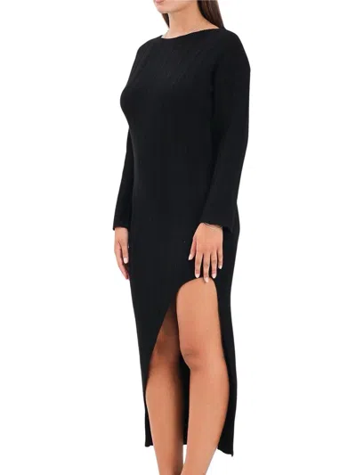 Akep Ribbed Knit Black Midi Dress With Keyhole Back And Side Slit