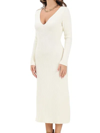 Akep Ribbed Knit Dress With Deep V-neckline And Flared Hem In Neutral