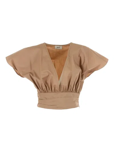 Akep V-neck Gathered Blouse In Brown