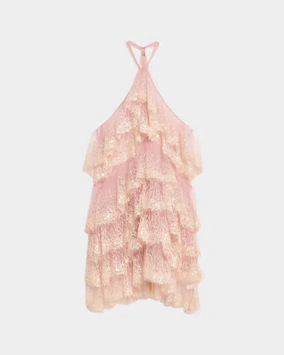 Aknvas Angelica Sequined Ruffle Halter Dress In Nude