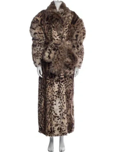 Pre-owned Aknvas Animal Print Faux Fur Coat In Brown