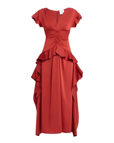 Aknvas Danielle Draped Ruffle Satin Dress In Brown