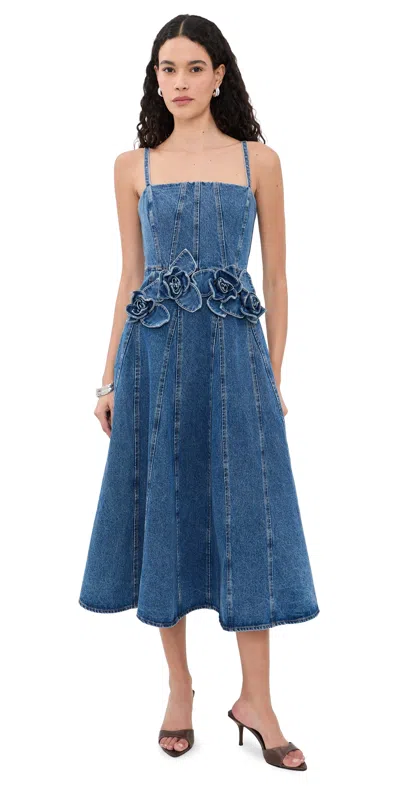 Aknvas Eryn Midi Denim Dress With 3d Rose Detail In Blue