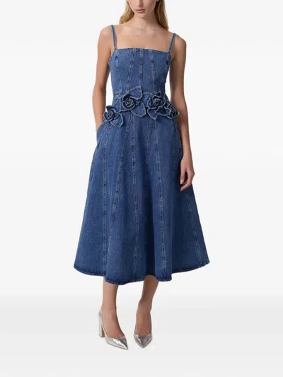 Aknvas Eryn Floral-appliqué Denim Midi Dress In Blue