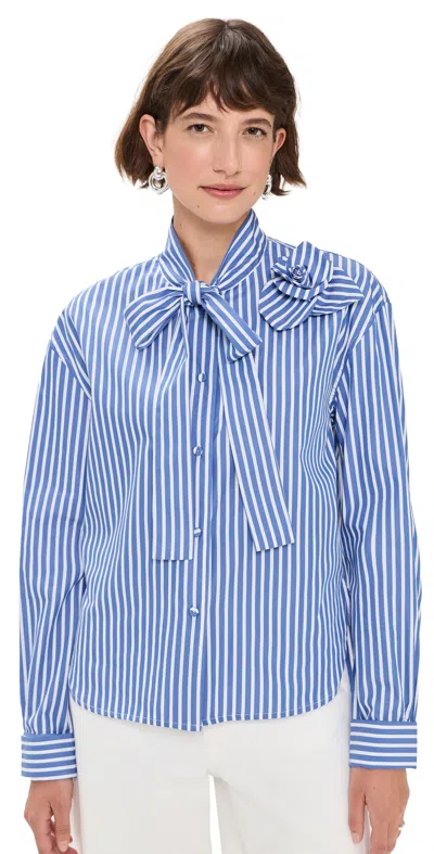 Aknvas Flor Poplin Deep Blue Stripe Shirt With One Rose