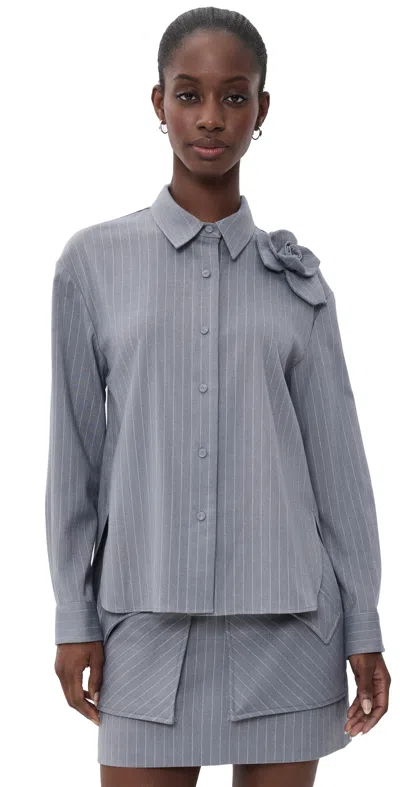 Aknvas Flor Pinstripe Button Down Shirt Grey/white In Blue