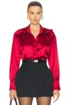 Aknvas Flor Satin Button-front Blouse With Roses In Poppy