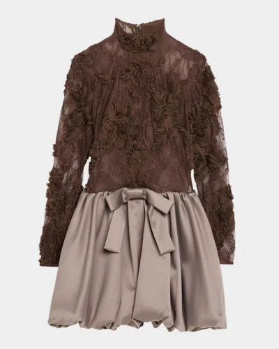 Aknvas Jette Mixed-media Lace Bubble Mini Dress In Brown/taup