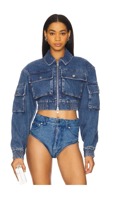 Aknvas Kolbe Cropped Denim Bomber Jacket In Saxe Blue