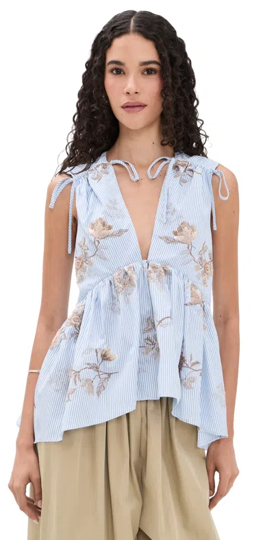 Aknvas Lamia Poplin Embroidered Top Blue And White In Multi