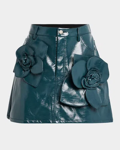 Aknvas Lucia Floral Vegan Leather Mini Skirt In Sarcelle