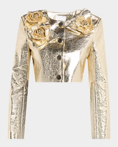 Aknvas Signe Metallic Jacket With Flower Appliqué In Gold