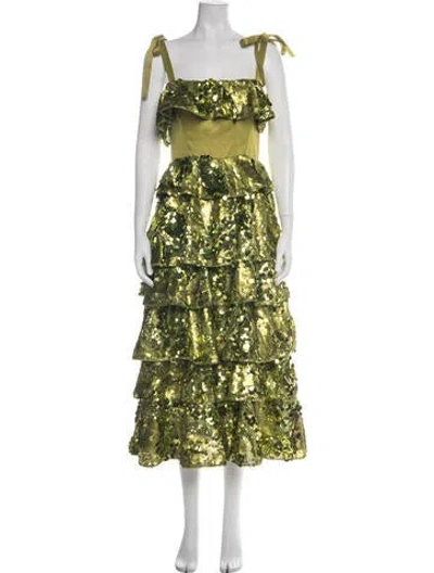 Pre-owned Aknvas Square Neckline Midi Length Dress In Green