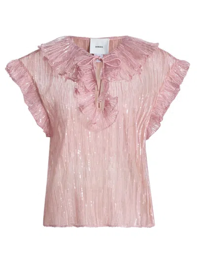 Aknvas Women's Este Sequined Ruffled Sheer Top In Pink