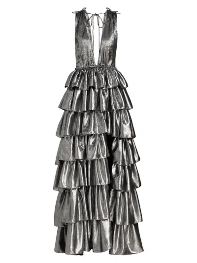 Aknvas Women's Henriette Metallic Ruffled Tiered Sleeveless Gown In Gray