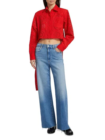 Aknvas Women's Randall Poppy Cotton Broderie Anglaise Crop Shirt In Red