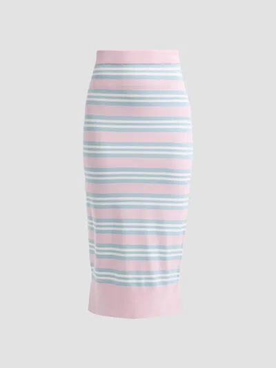 Aknvas Women's Rosalyn Striped Knit Midi Pencil Skirt In Blue Blush Stripe